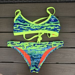 TYR Womens Blue/green Serenity Tieback Top & Matching Bikini Sz S New No Tags